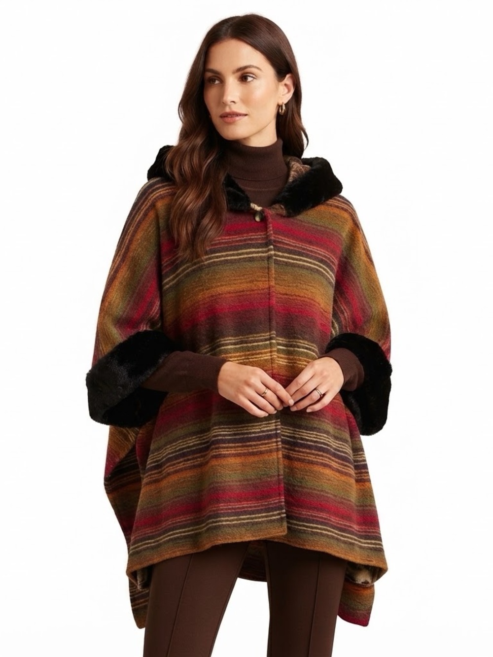 Black Mountain Poncho Striped Multicolor Hooded Sweater with Faux Fur Trim